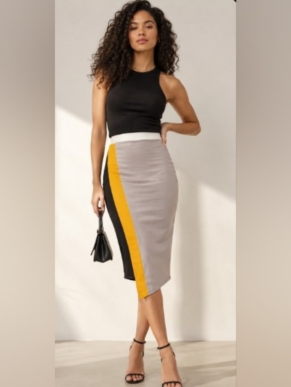 PLT size 0 (XS) Colorblock Pencil Skirt in Gray with Yellow and Black Stripe